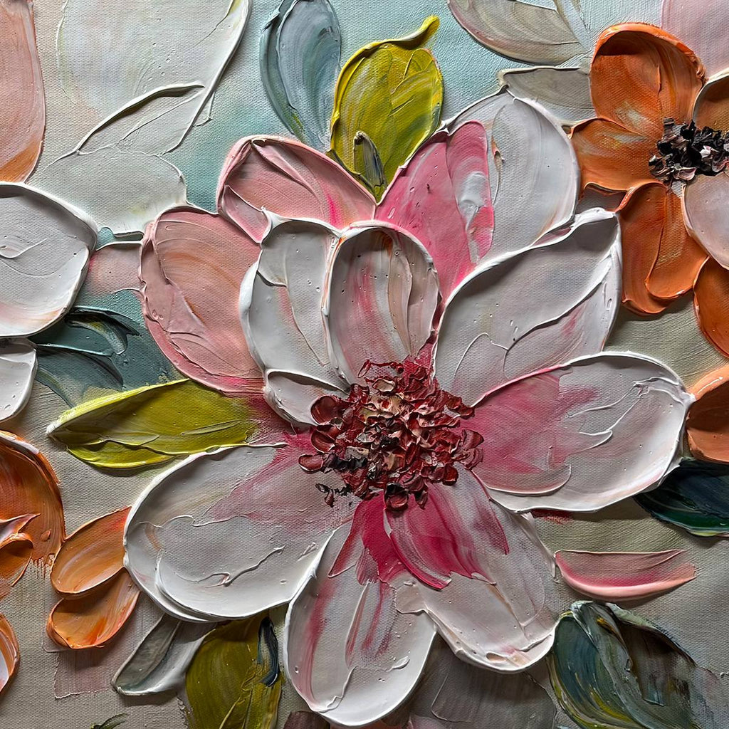 
PEACH BLOSSOM: Textured Impasto Floral Painting in Peach and White