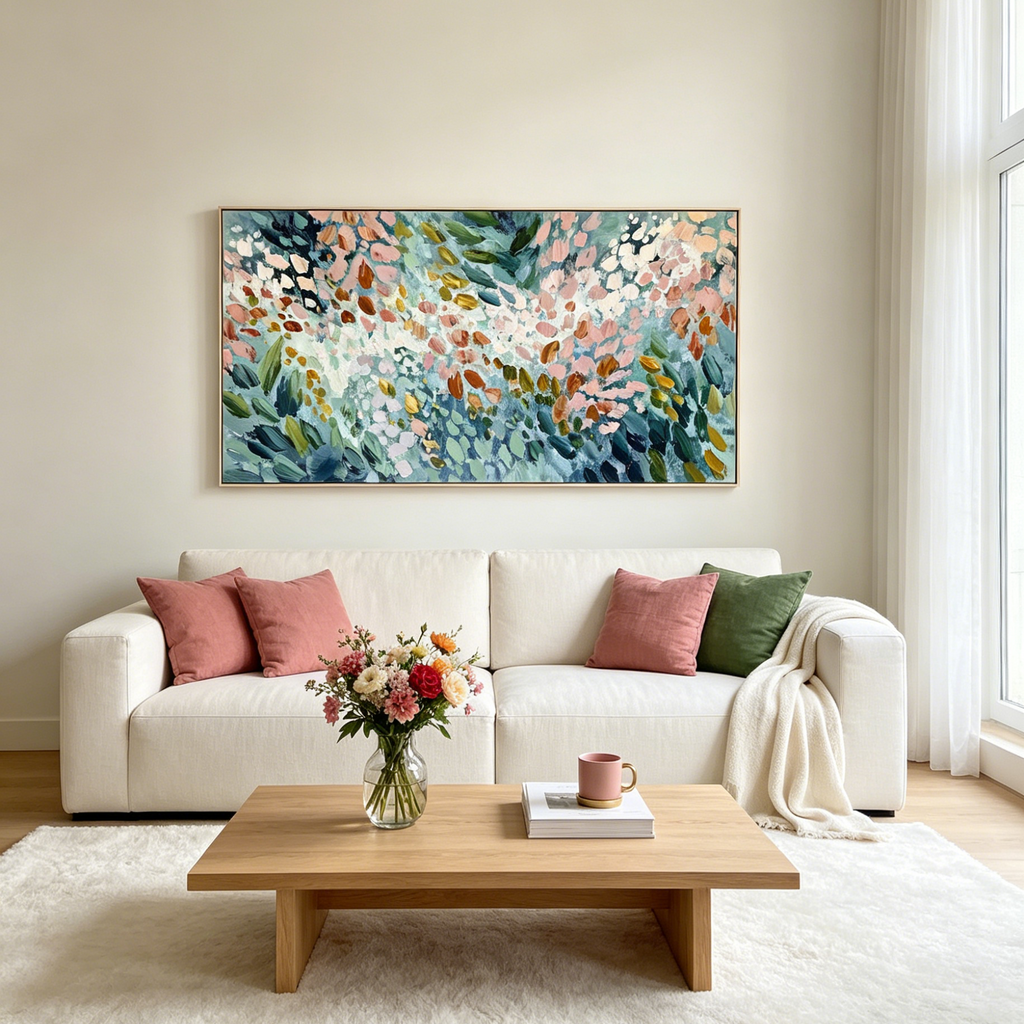 PETAL CASCADE: Impasto Blush Pinks Verdant Greens Whirlwind Canvas