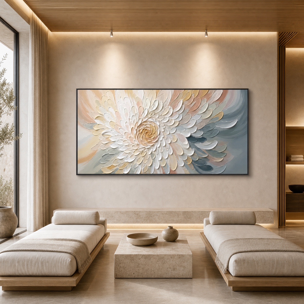 PETAL WHIRL: Textured Neutral Tone Blooming Flower Canvas
