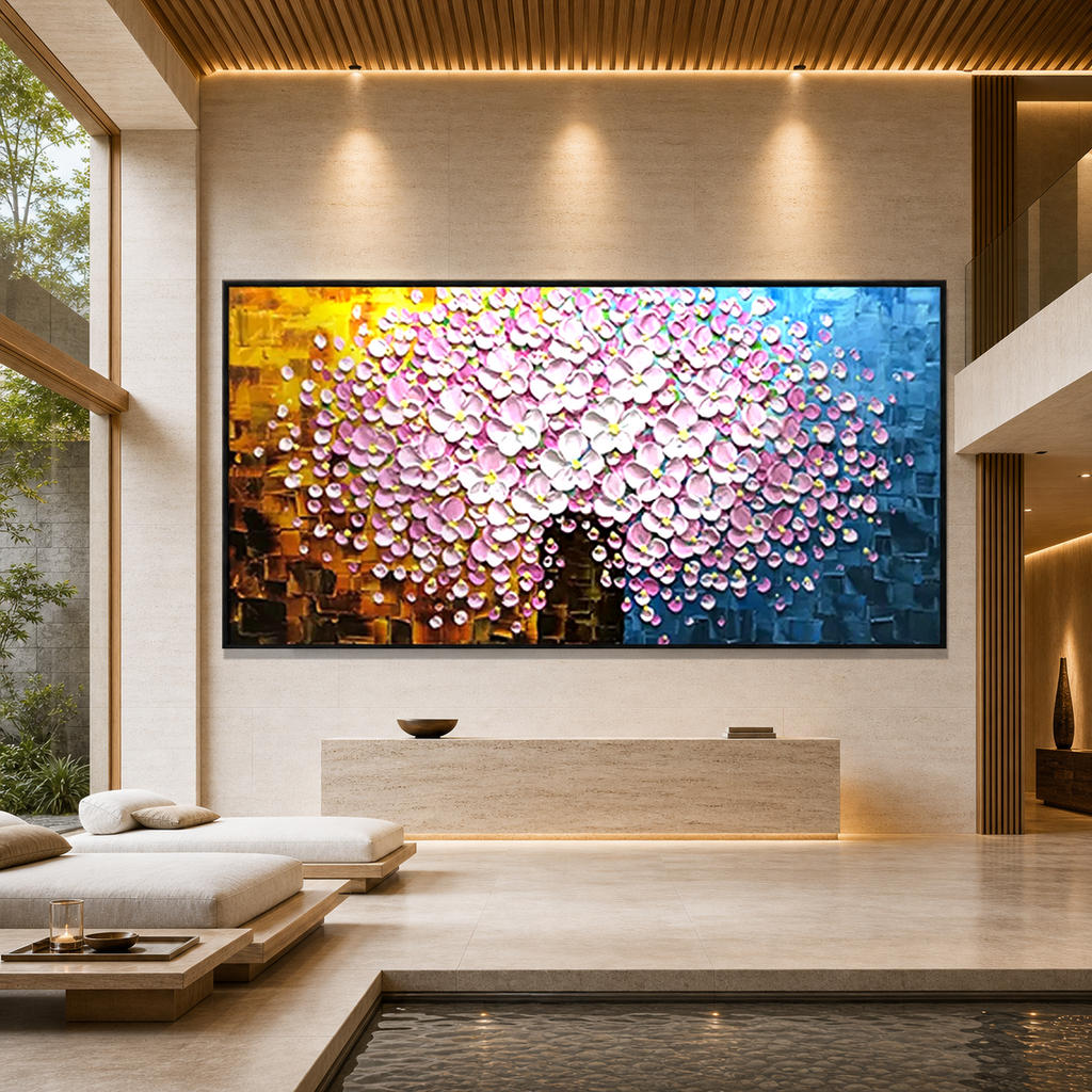 PINK BLOSSOM DREAM: Pink White Impasto Flowers French Romantic Canvas