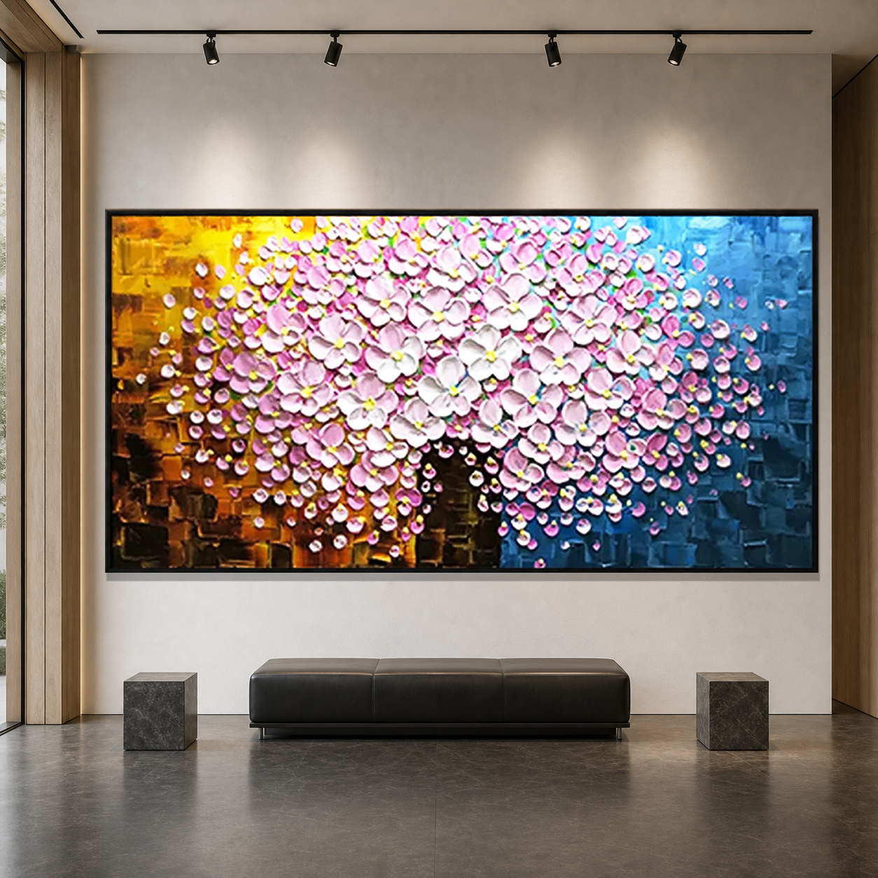 PINK BLOSSOM DREAM: Pink White Impasto Flowers French Romantic Canvas