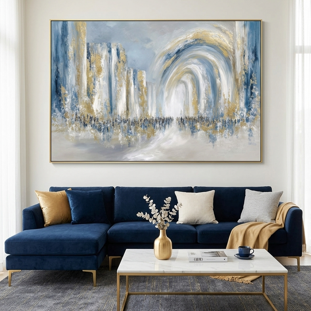 PROCESSION: Blue White Gold Leaf Figures Walking Toward Luminous Arch Canvas