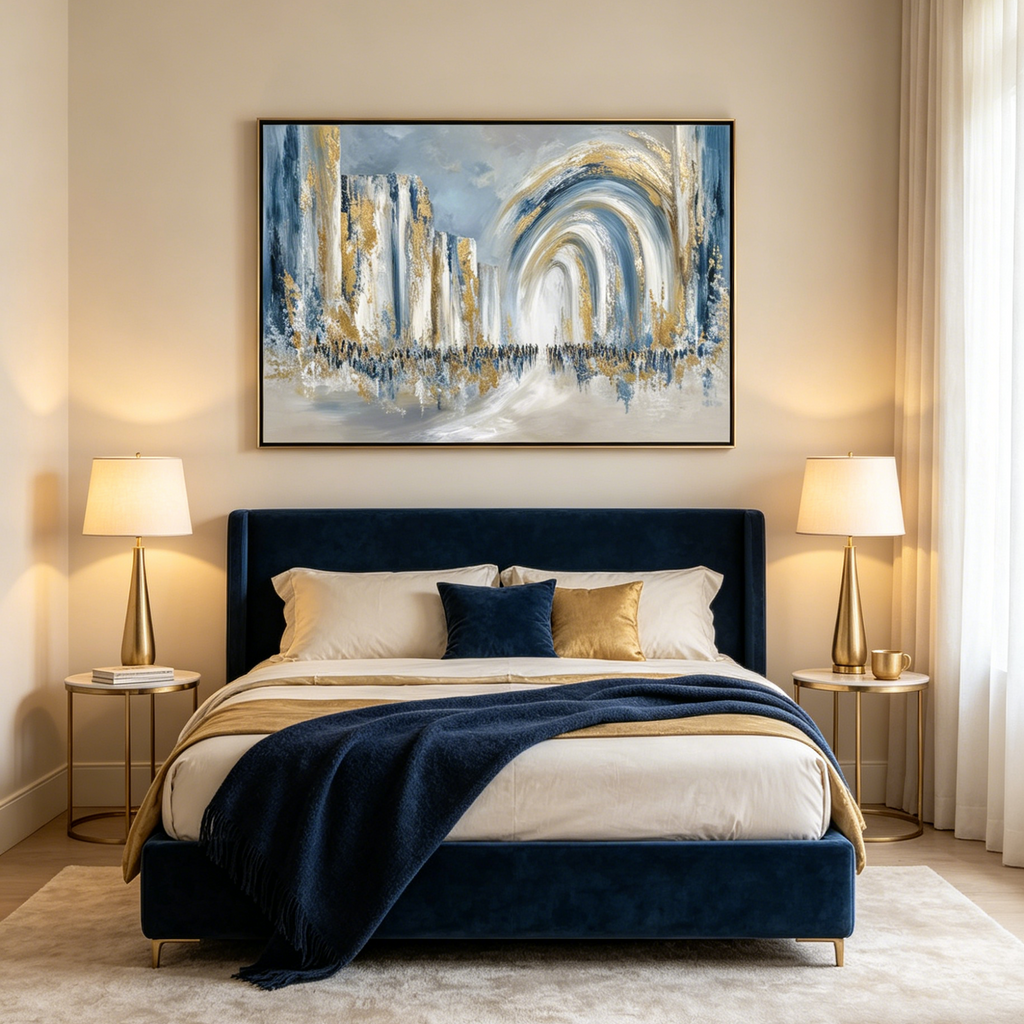 PROCESSION: Blue White Gold Leaf Figures Walking Toward Luminous Arch Canvas