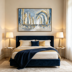 PROCESSION: Blue White Gold Leaf Figures Walking Toward Luminous Arch Canvas