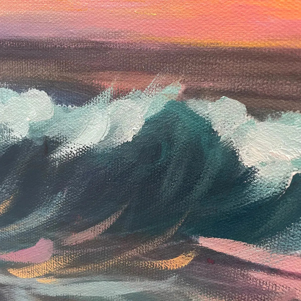 OCEAN'S EMBRACE: Teal Blue Waves Orange Pink Sunset Panoramic Canvas