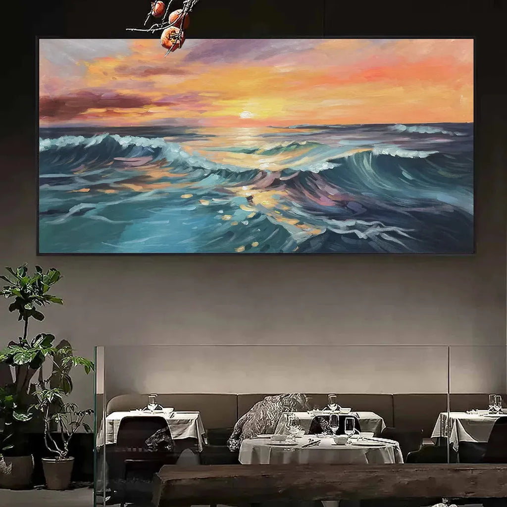OCEAN'S EMBRACE: Teal Blue Waves Orange Pink Sunset Panoramic Canvas
