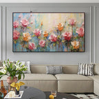 PASTEL ROSE GARDEN: Original Impasto Pink Yellow Cream Floral Canvas