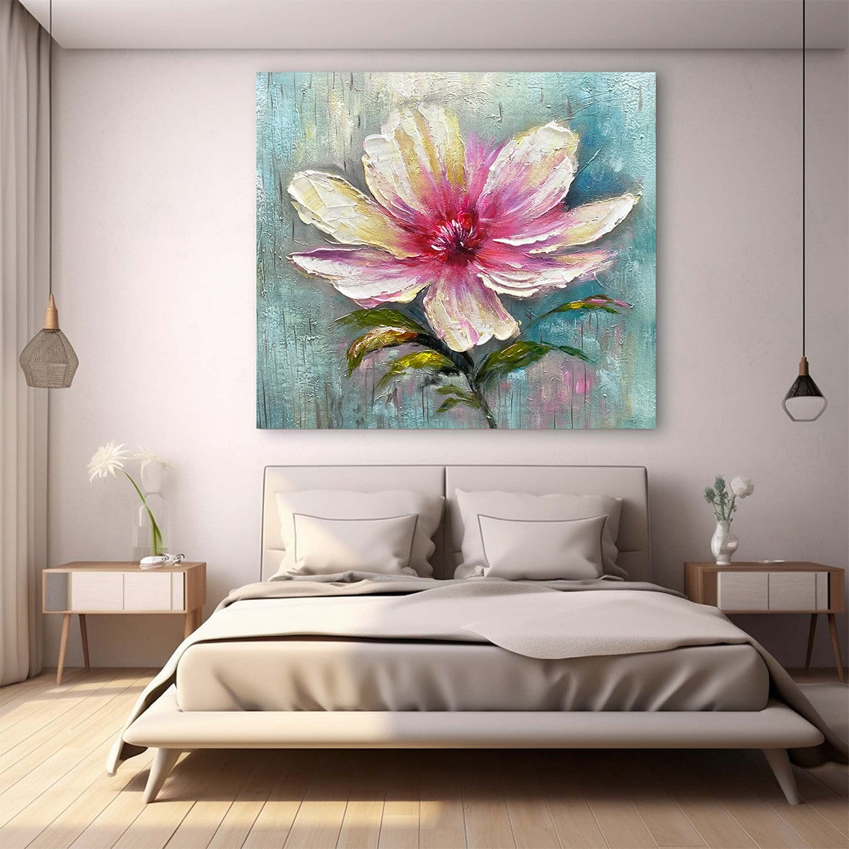 BLUSHING BLOOM: Textured Impasto Soft Pink White Single Flower Canvas
