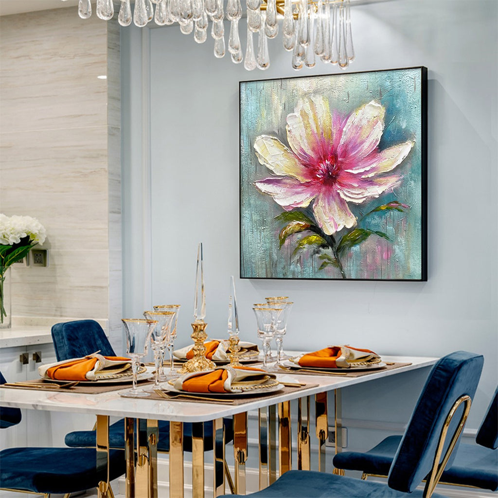 BLUSHING BLOOM: Textured Impasto Soft Pink White Single Flower Canvas
