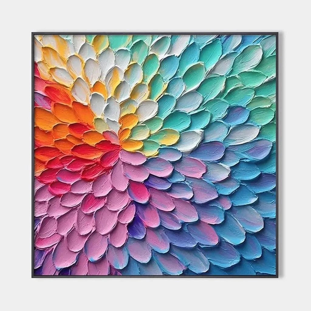 Rainbow Burst painting by Isabella Rossi. Textured abstract art in rainbow colors, square canvas with impasto technique.