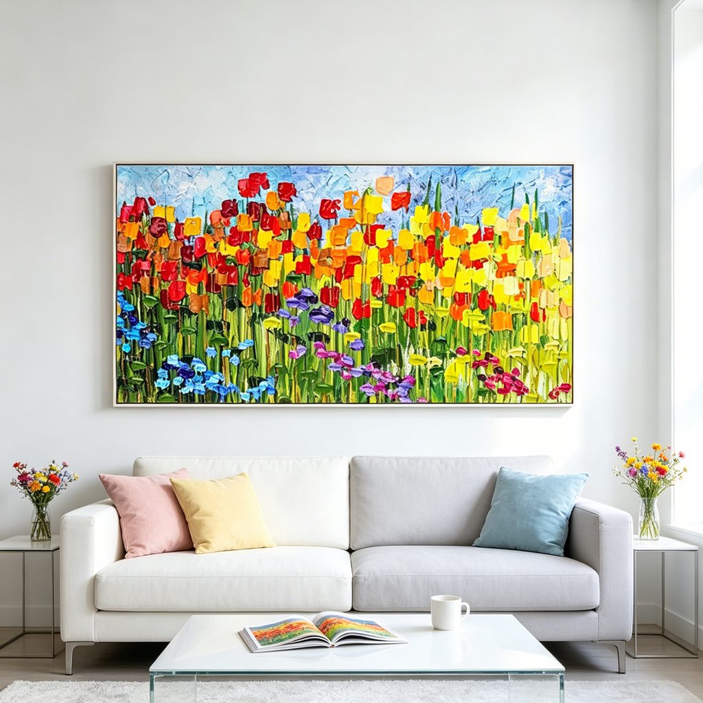 RAINBOW FIELD: Panoramic Impasto Colorful Flower Field Vibrant Canvas
