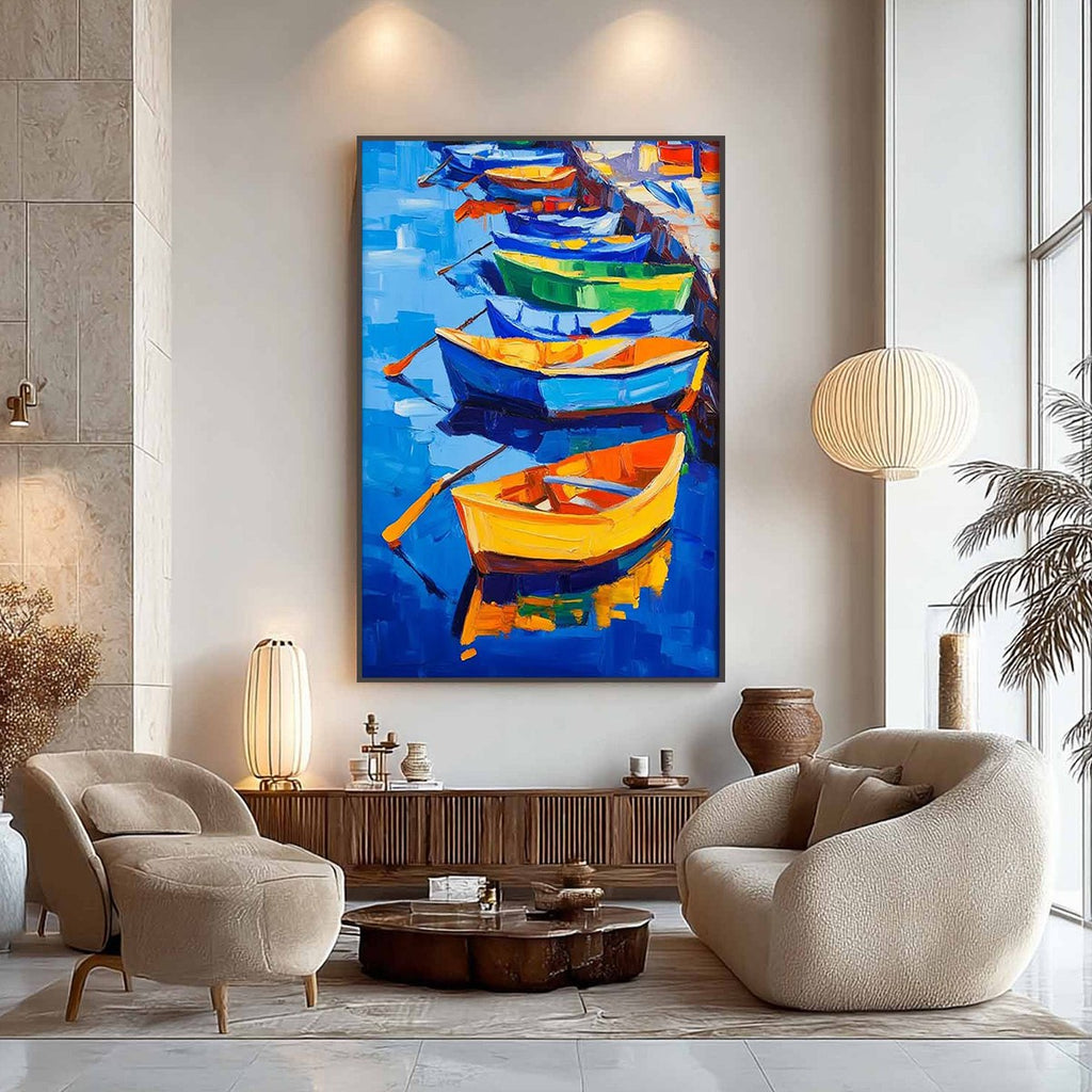 RAINBOW HARBOR: Vibrant Impasto Boatscape Colorful Harbor Art Cheerful Energy