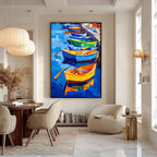 RAINBOW HARBOR: Vibrant Impasto Boatscape Colorful Harbor Art Cheerful Energy