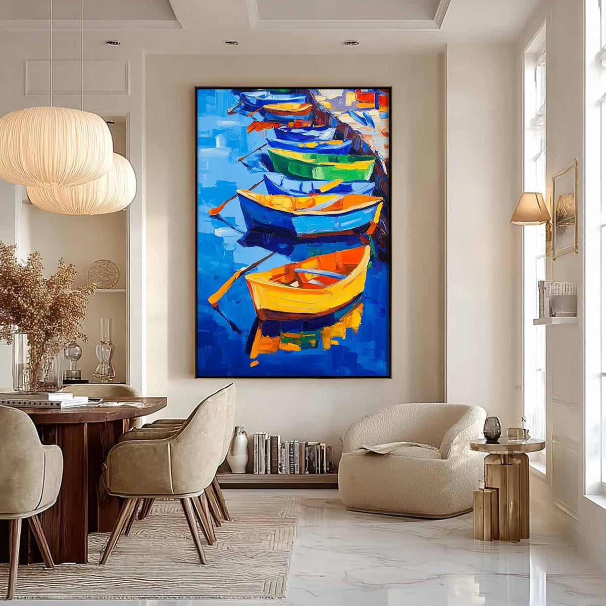 RAINBOW HARBOR: Vibrant Impasto Boatscape Colorful Harbor Art Cheerful Energy