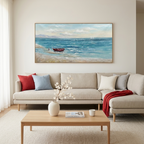 RED BOAT AT THE SHORE: Small Red Boat Quiet Beach Canvas