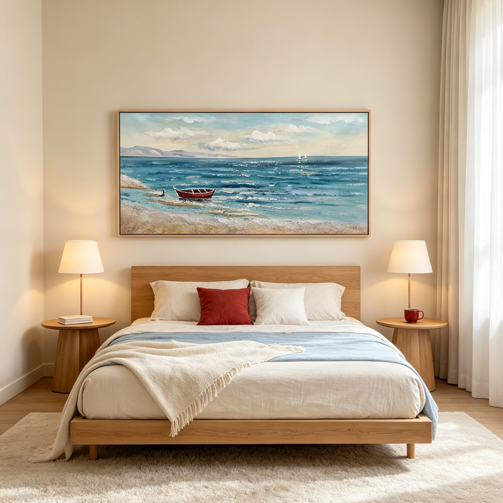 RED BOAT AT THE SHORE: Small Red Boat Quiet Beach Canvas