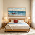 RED BOAT AT THE SHORE: Small Red Boat Quiet Beach Canvas