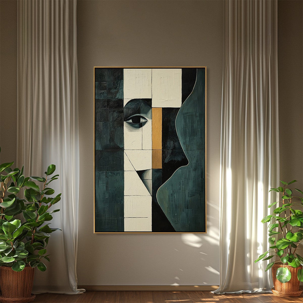 REFLECTION: Fragmented Abstract Face Contrast Blocks Oil Painting