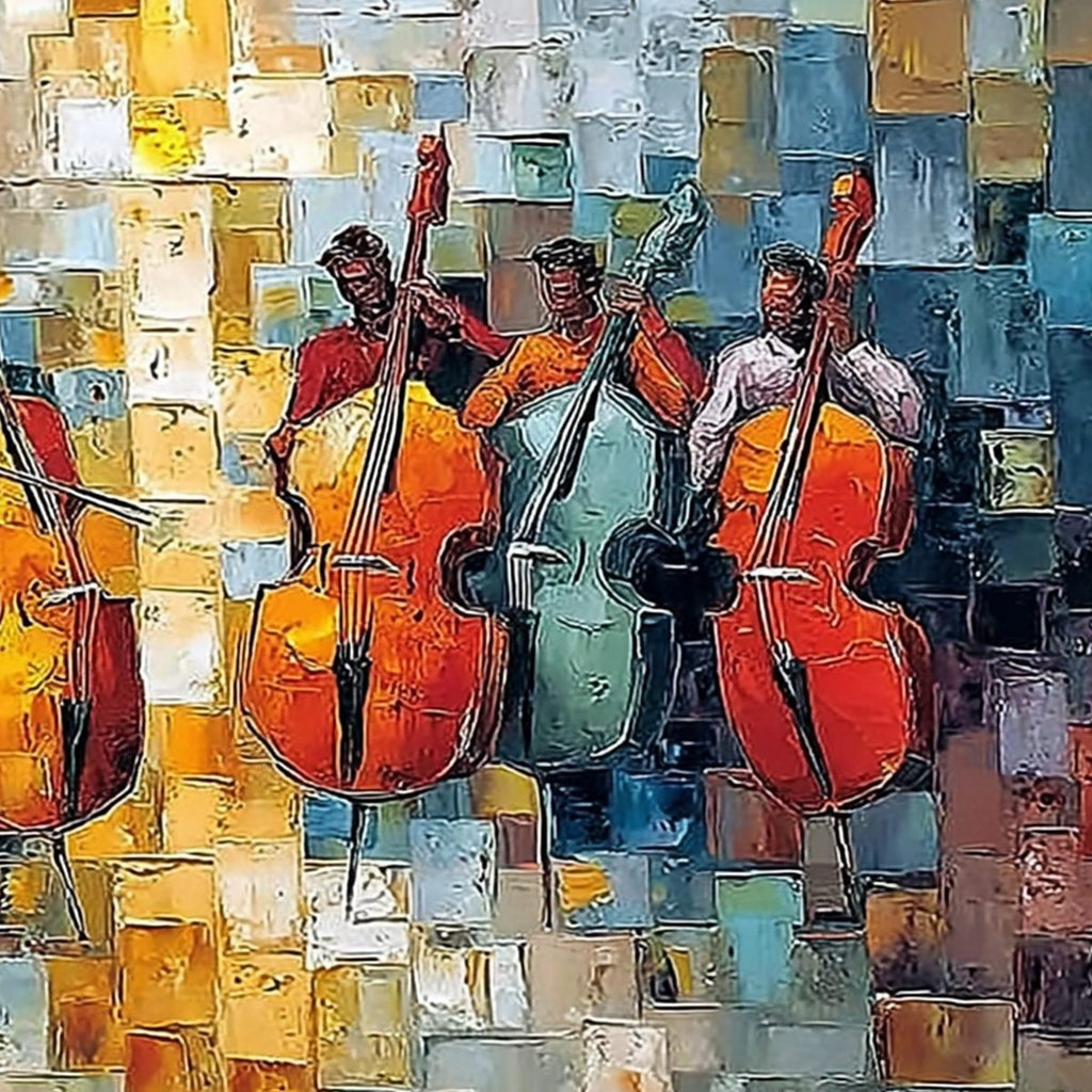 RHYTHM IN HUE: Textured Palette Knife Painting of a Cello Ensemble