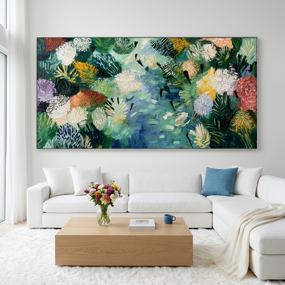 RIVER OF BLOOMS: Impasto Vibrant Flowers Blue Current Canvas