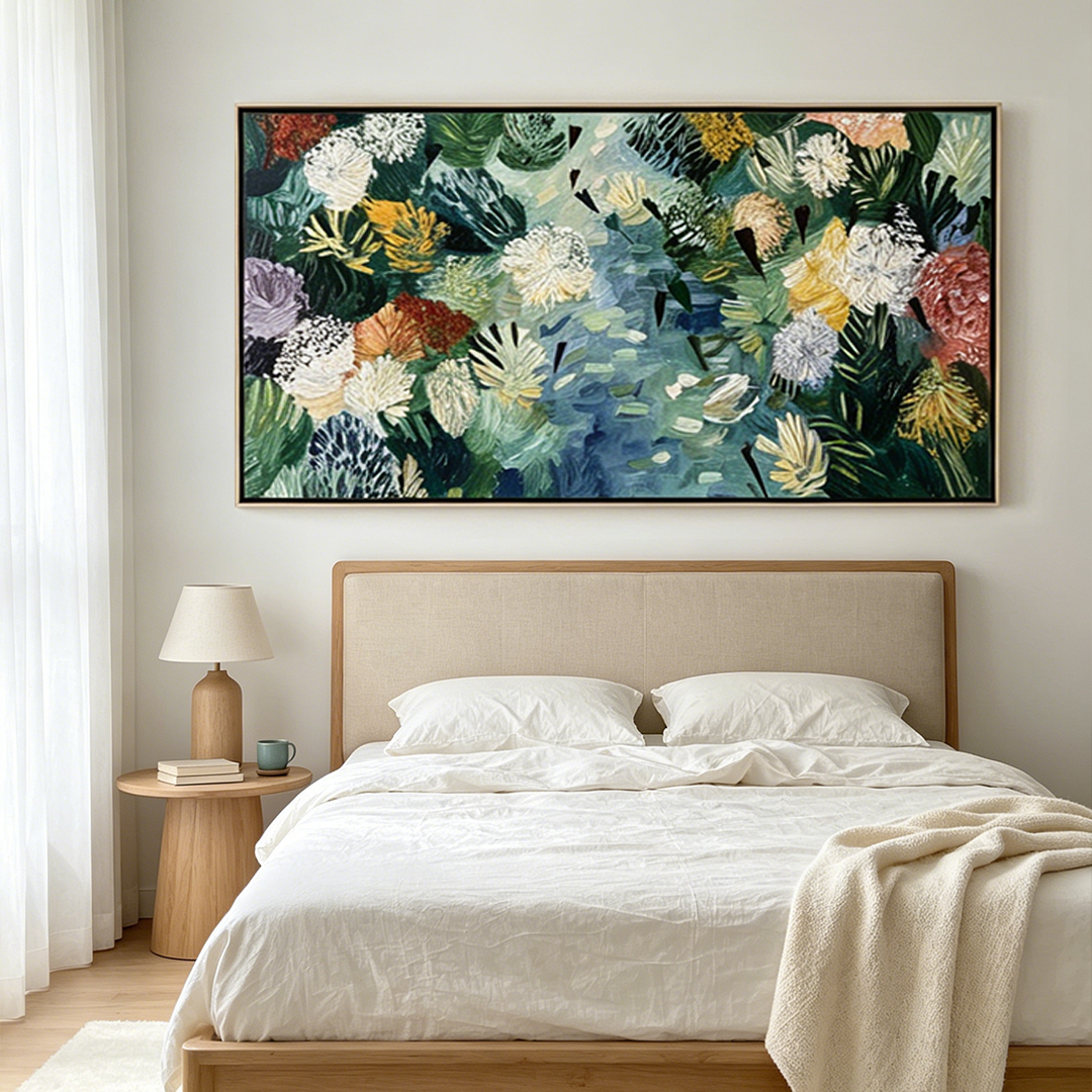 RIVER OF BLOOMS: Impasto Vibrant Flowers Blue Current Canvas