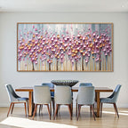 Rosewood Dawn: Textured Floral Landscape Oil Painting Canvas Wall Art Decor in Pink