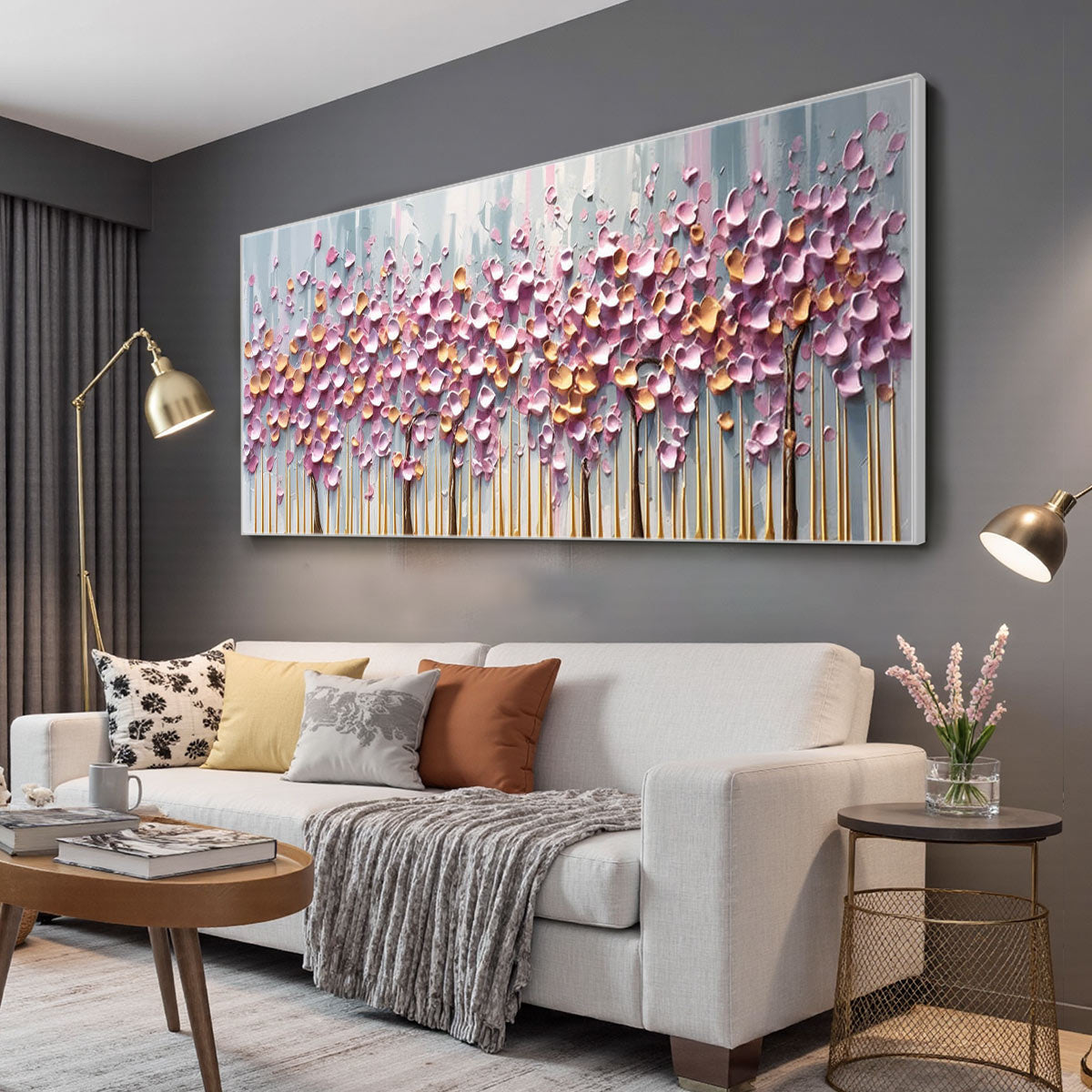 Rosewood Dawn: Textured Floral Landscape Oil Painting Canvas Wall Art Decor in Pink