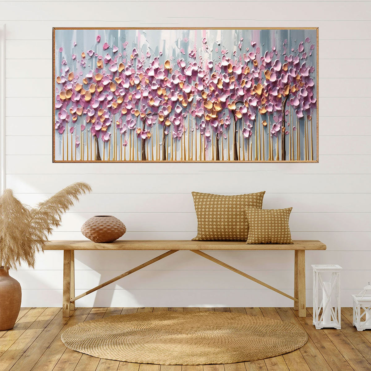 Rosewood Dawn: Textured Floral Landscape Oil Painting Canvas Wall Art Decor in Pink
