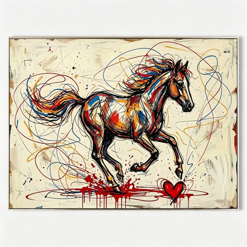 RUNNING HORSE: Graffiti Horse Red Heart Street Impasto Canvas