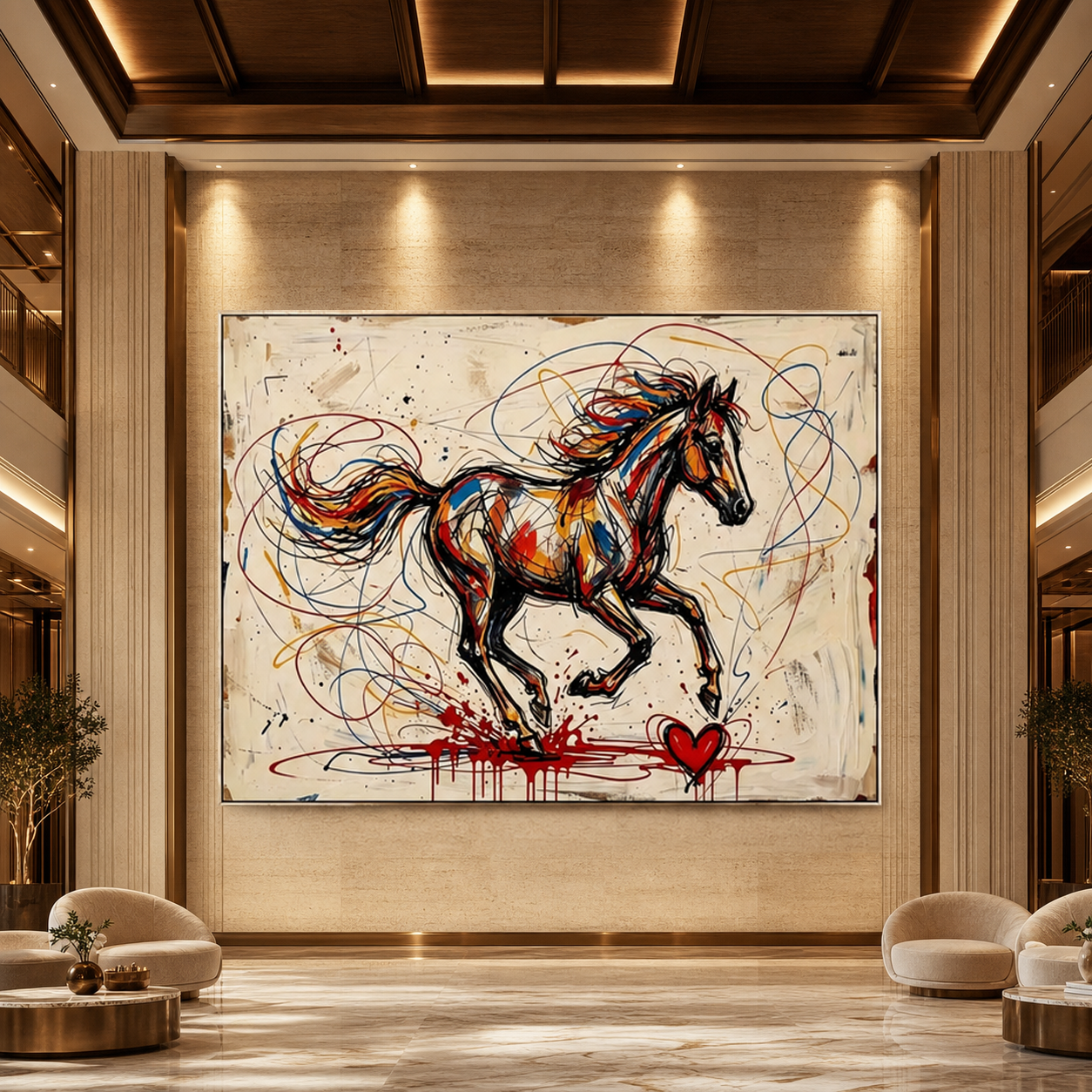 RUNNING HORSE: Graffiti Horse Red Heart Street Impasto Canvas