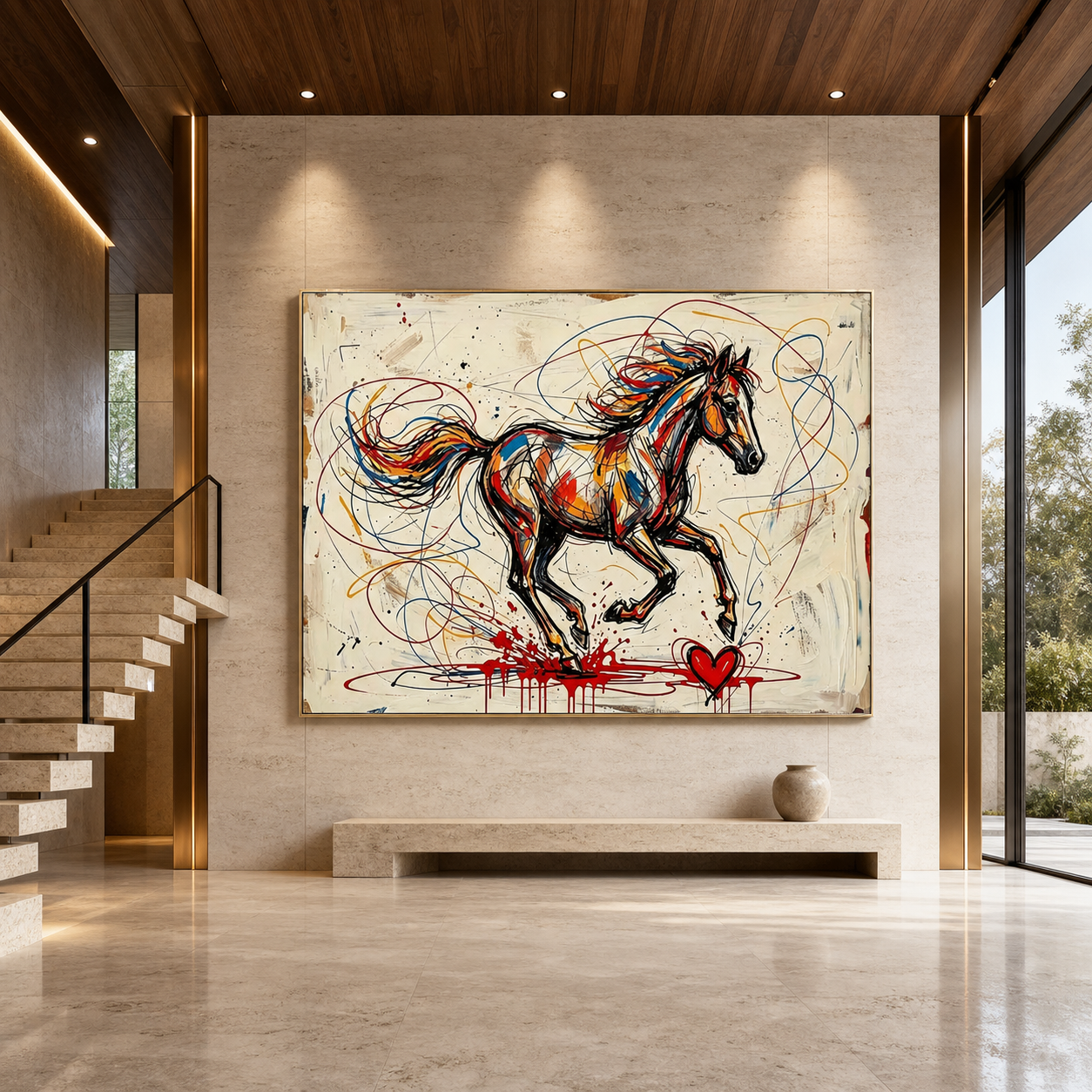 RUNNING HORSE: Graffiti Horse Red Heart Street Impasto Canvas