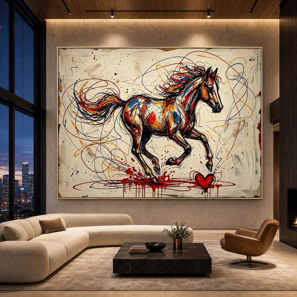 RUNNING HORSE: Graffiti Horse Red Heart Street Impasto Canvas