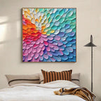 RAINBOW BURST by Isabella Rossi, impasto artwork with rainbow colors, square canvas, adds energy to the bedroom.