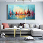 Regatta at Dawn: Panoramic Sailboat Painting | Colorful Sunrise | Beach & Sea | Living Room, Office, Hotel