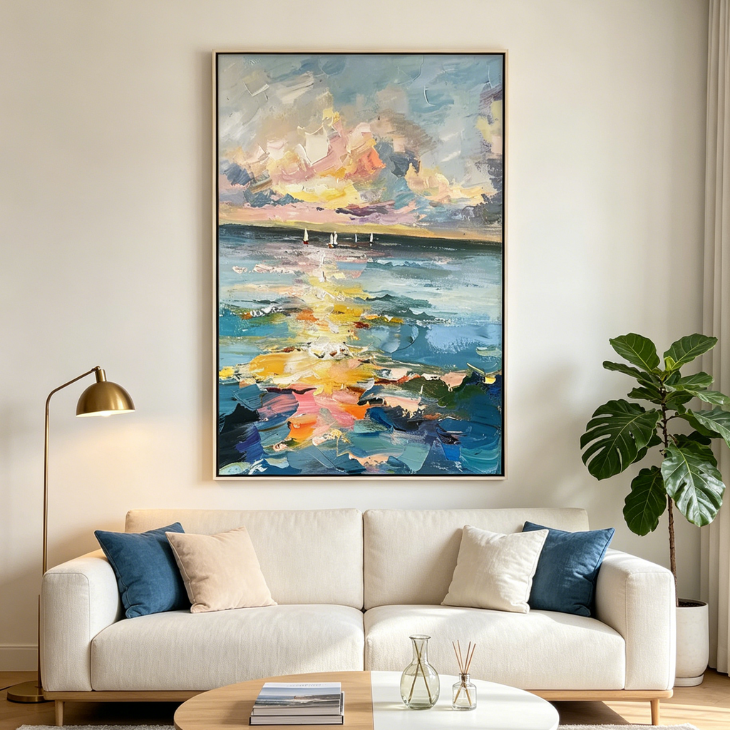 SAILBOATS AT SUNSET: Vertical Coastal Sunset Wall Art