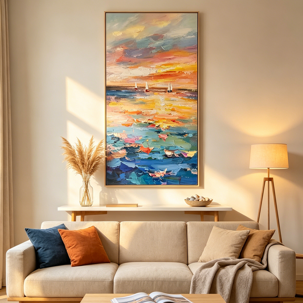 SAILING AT SUNSET: Textured Sailboats Gliding Tranquil Sea Vibrant Canvas