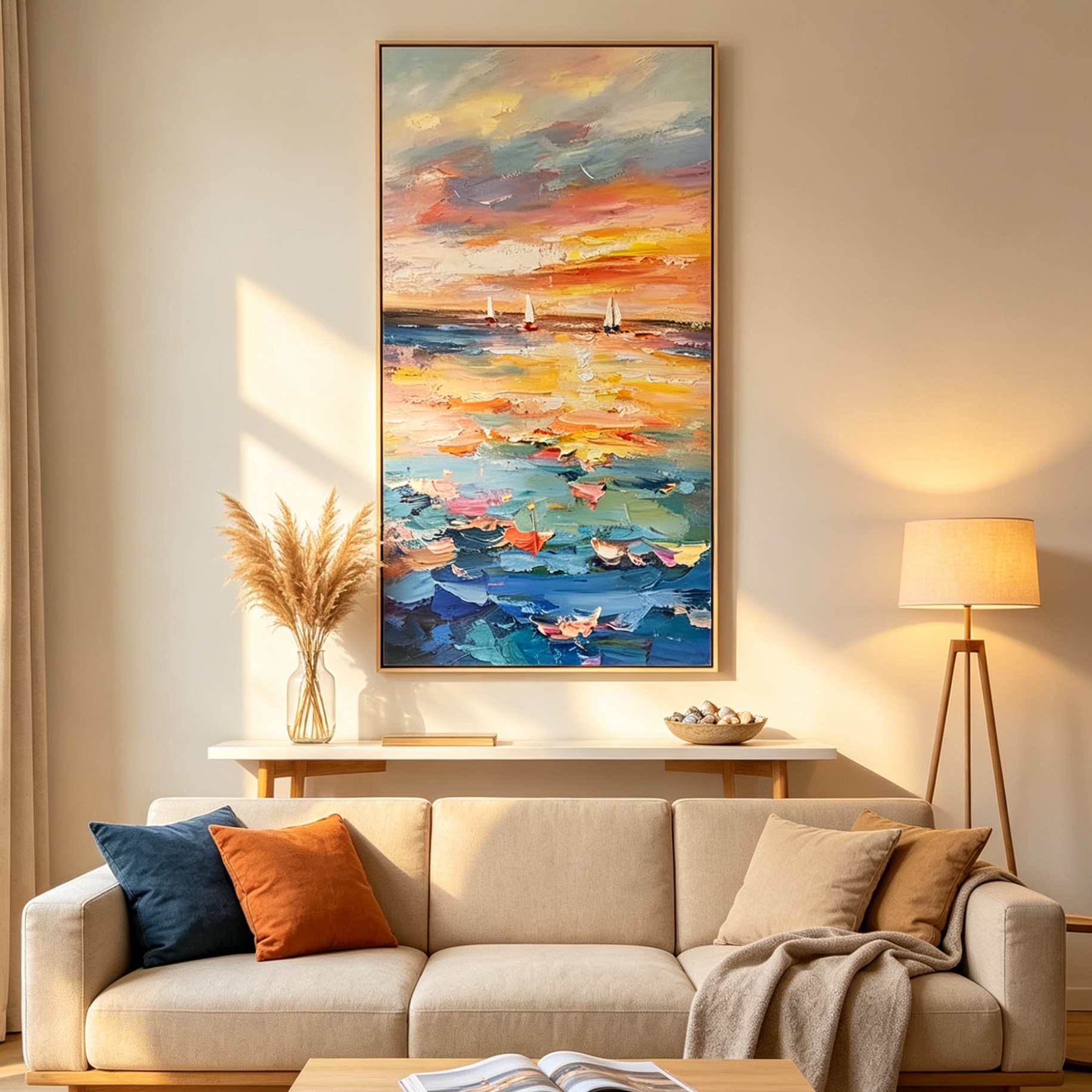 SAILING AT SUNSET: Textured Sailboats Gliding Tranquil Sea Vibrant Canvas