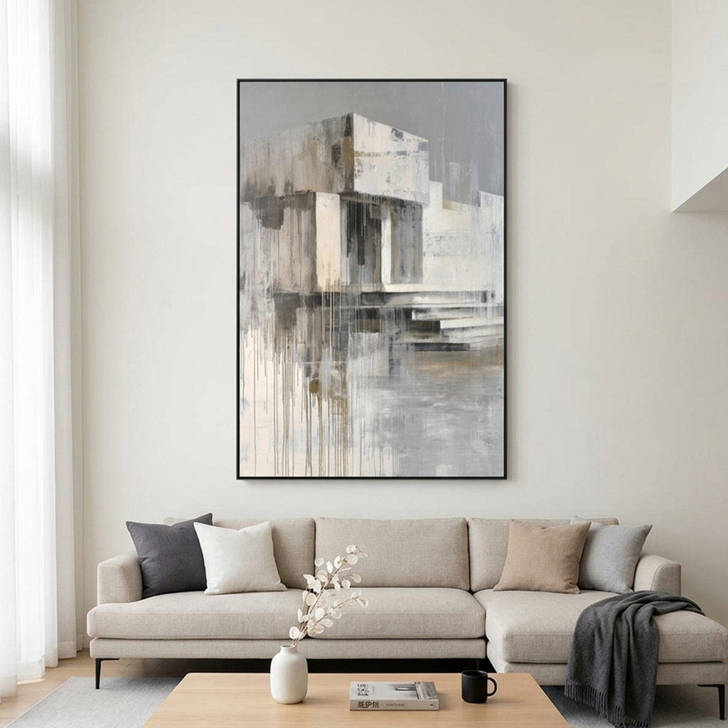 SANCTUARY: Grey White Beige Architectural Abstract Paint Drips Canvas