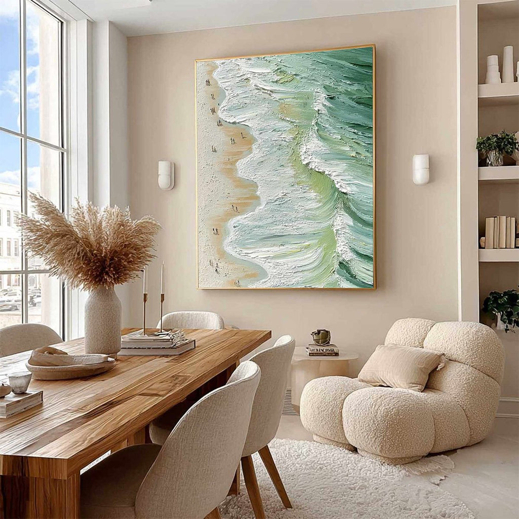 SEASHORE SERENADE: Impasto Swirling Waves Beach Figures Canvas