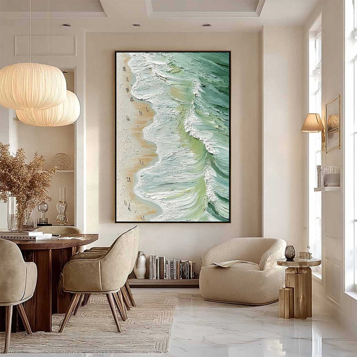 SEASHORE SERENADE: Impasto Swirling Waves Beach Figures Canvas