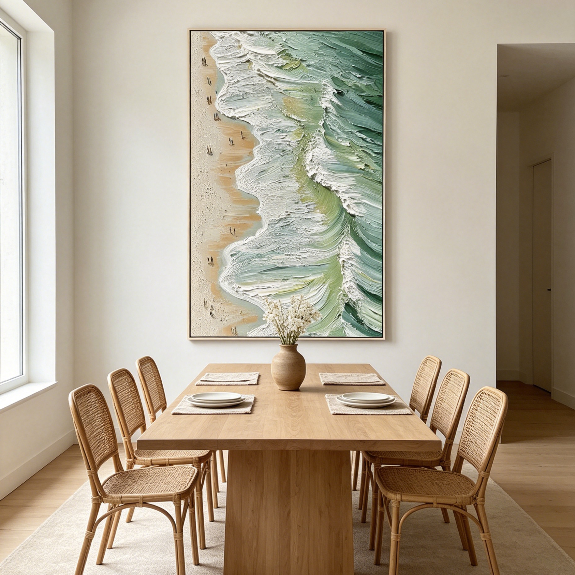 SEASHORE SERENADE: Impasto Swirling Waves Beach Figures Canvas