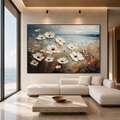 SEASIDE BLOSSOMS: White Blossoms Coastal Haze Impasto Canvas