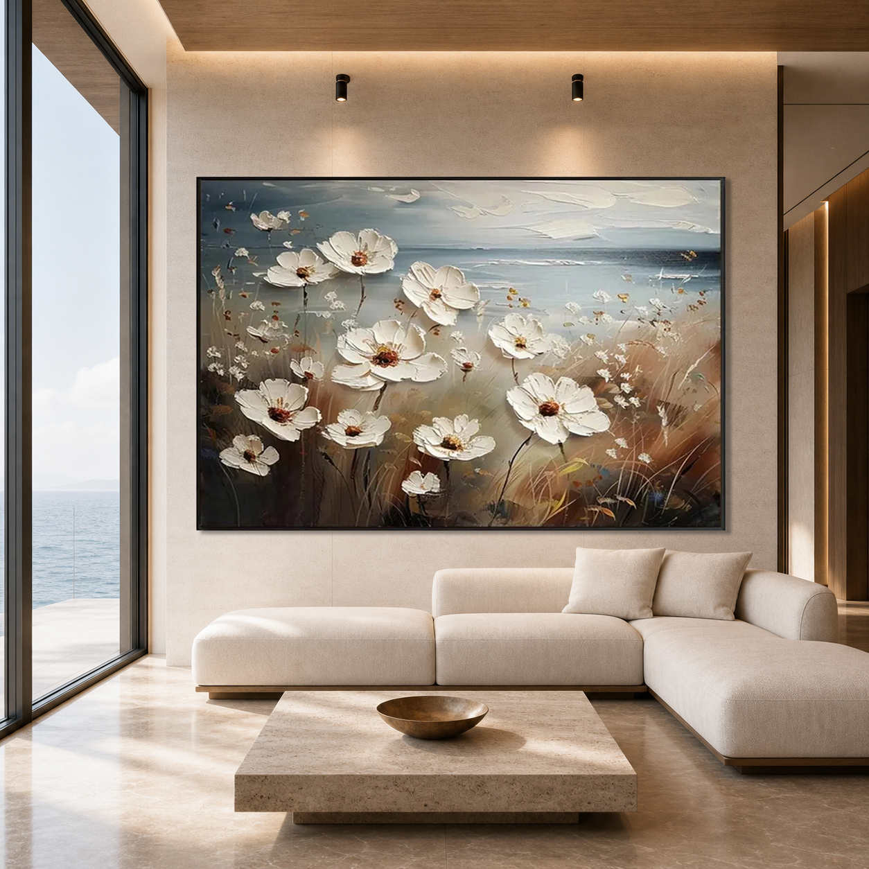 SEASIDE BLOSSOMS: White Blossoms Coastal Haze Impasto Canvas