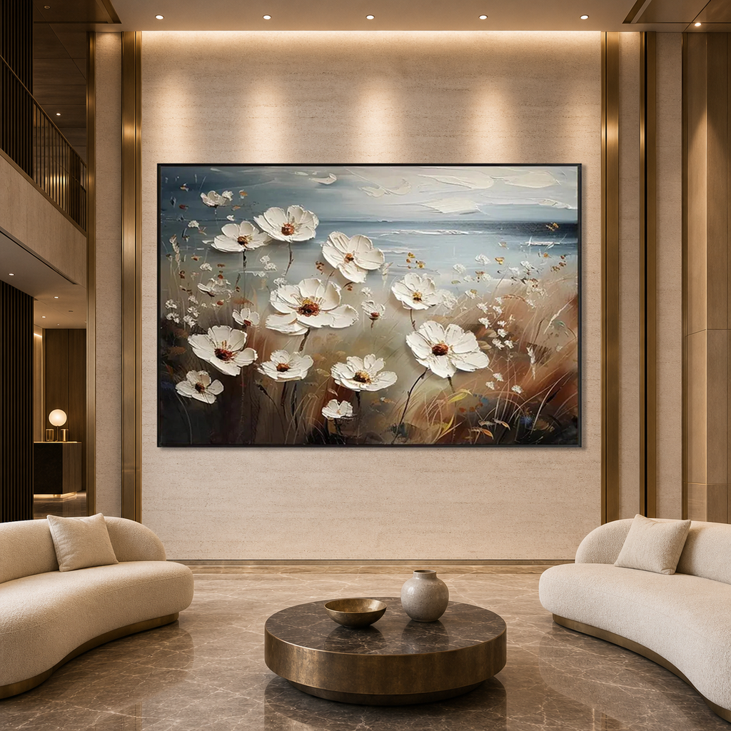 SEASIDE BLOSSOMS: White Blossoms Coastal Haze Impasto Canvas