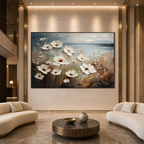 SEASIDE BLOSSOMS: White Blossoms Coastal Haze Impasto Canvas