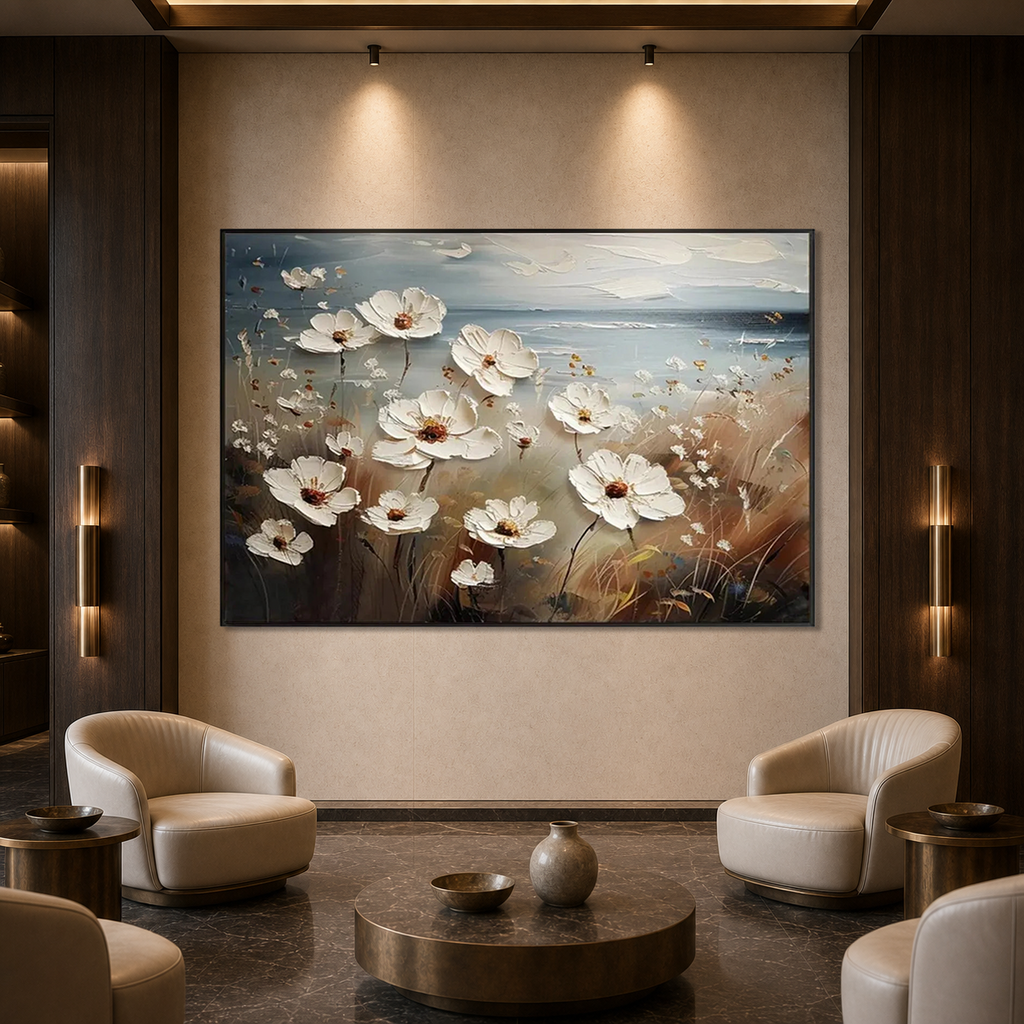 SEASIDE BLOSSOMS: White Blossoms Coastal Haze Impasto Canvas