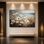 SEASIDE BLOSSOMS: White Blossoms Coastal Haze Impasto Canvas