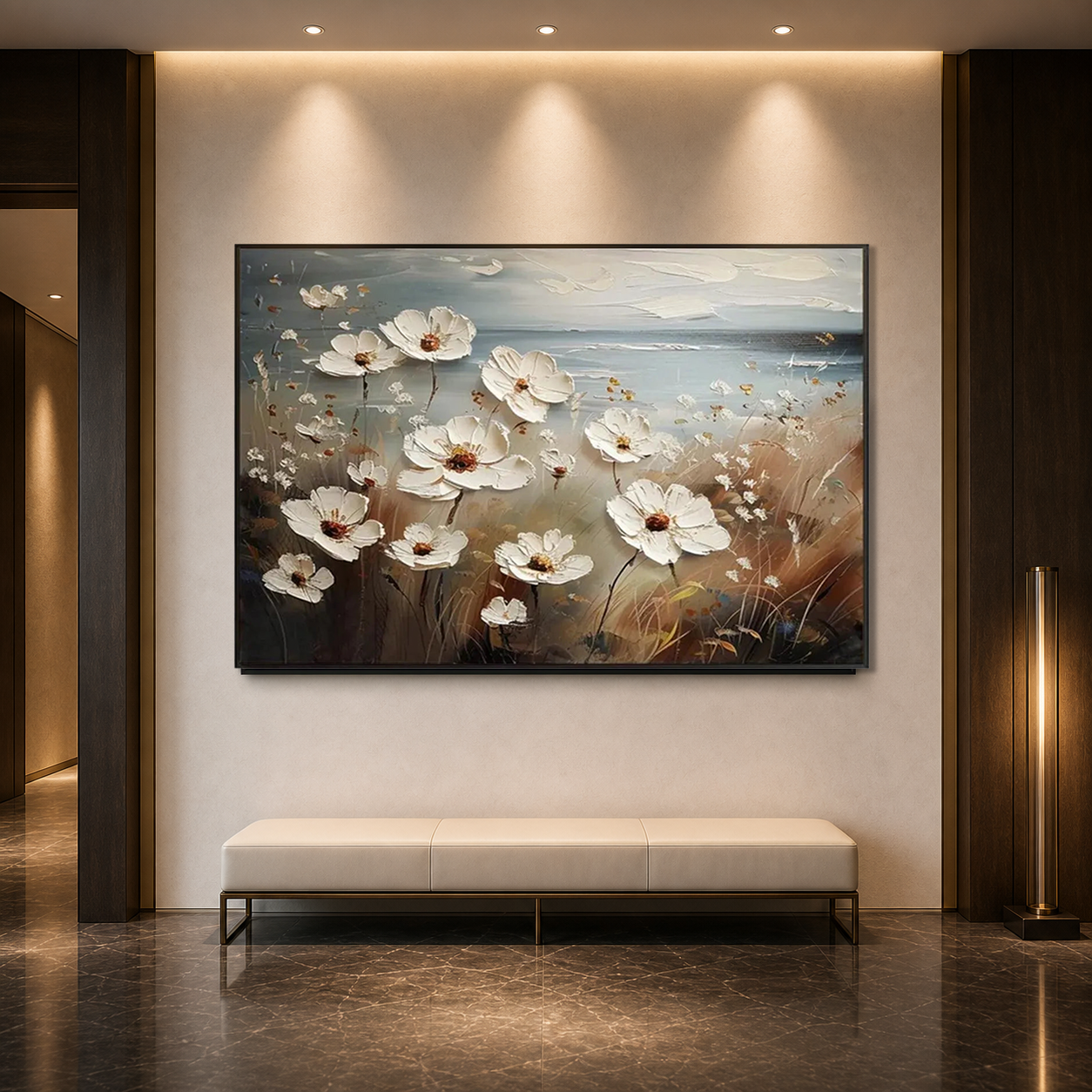 SEASIDE BLOSSOMS: White Blossoms Coastal Haze Impasto Canvas