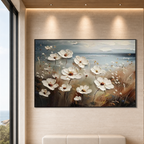 SEASIDE BLOSSOMS: White Blossoms Coastal Haze Impasto Canvas