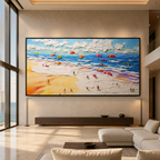 SEASIDE CELEBRATION: Colorful Beach Umbrellas Impasto Canvas